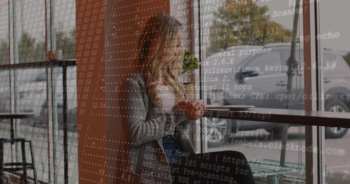 Animation of data processing over fit data couple scope scanning and women exercising