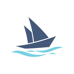 logo design of a boat sailing in the blue ocean