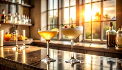 Two colorful cocktails on a bar with sunlight streaming through large window panes