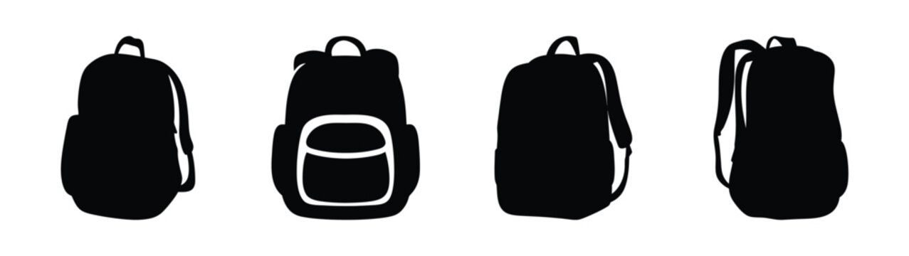 Four black backpack icons simple silhouettes for travel school and outdoor activities