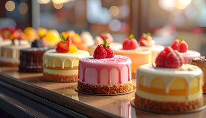 A vibrant display of beautifully decorated cakes topped with fruits in an inviting bakery setting