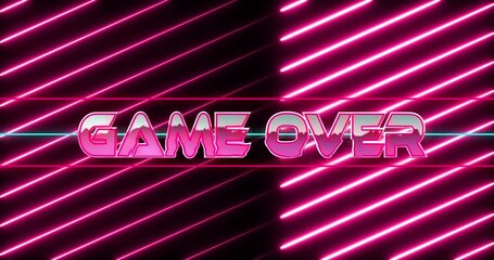 Animation of game over text in white letters over purple moving red light trails - Powered by Adobe