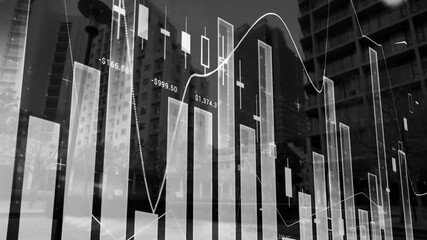 Animation of statistics and data processing over screen on black background - Powered by Adobe