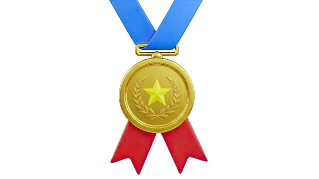 Gold Medal with Blue Ribbon and Red Streamers - Powered by Adobe