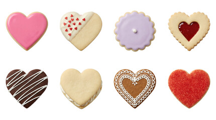 Obraz premium Heart sugar cookie set including frosted, glazed, jam filled, and chocolate dipped variants. Valentine's Day and holiday bakery collection.