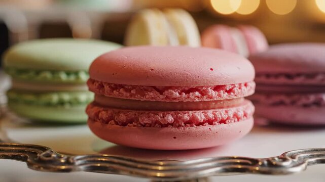 Close-up of a pink macaron on a silver stand with bokeh lights. Delicious French pastry dessert for Valentine's Day. Sweet food concept
