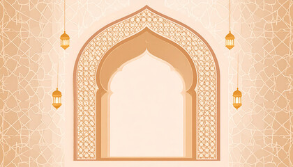 Ramadan Kareem concept: ornate Islamic arch, hanging lanterns, traditional patterns on warm background.
