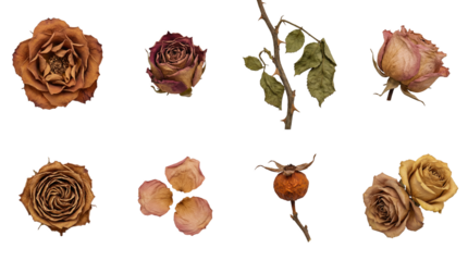 Dried rose set including flower heads, stems, thorns, petals, and rosehip isolated. Botanical and herbarium flora collection.