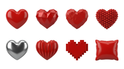 Red heart set including glossy, low poly, faceted, beaded, silver, ribbed, pixel, and pillow styles isolated. Valentine and love collection.