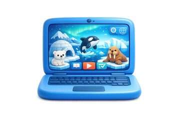 Arctic education concept: interactive learning with icons of polar animals on laptop screen