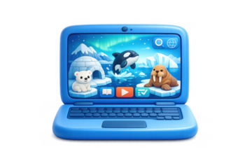 Arctic education concept: interactive learning with icons of polar animals on laptop screen