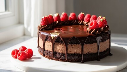 Chocolate layer cake with glossy ganache drip and fresh strawberries on top, natural window light on white plate