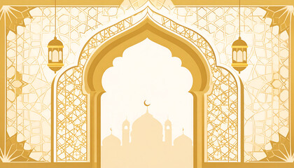 Elegant Golden Islamic Arch Background with Mosque Silhouette, Lanterns, & Geometric Patterns for Ramadan & Eid