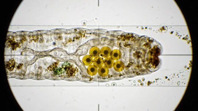 Microscopic view of a transparent larva with a cluster of developing eggs inside its body cavity