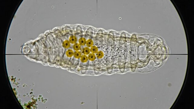 Microscopic view of tardigrade water bear with eggs inside, life in a water droplet, invertebrate, biology