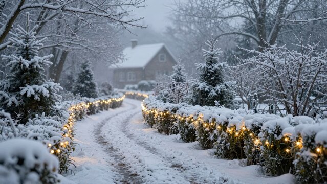 Snowy garden path with string lights and house in winter fog