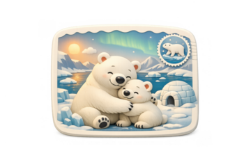 Arctic bear postcard design featuring polar bears embracing in scenic winter landscape