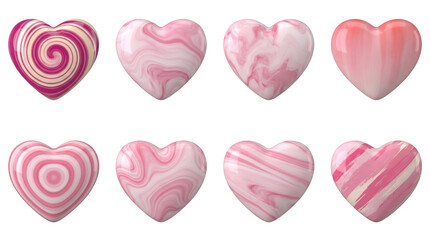Pink heart set including marble, swirl, concentric, and painted textured variants isolated. Valentine and romantic 3D icon collection.