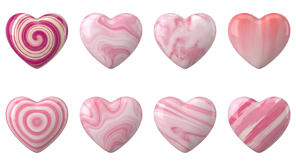 Pink heart set including marble, swirl, concentric, and painted textured variants isolated. Valentine and romantic 3D icon collection.