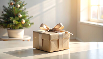 Festive Christmas Gift Box with Ribbon Bow by Tree in Warm Golden Sunlight