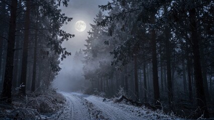 Snowy forest path under full moon with misty trees