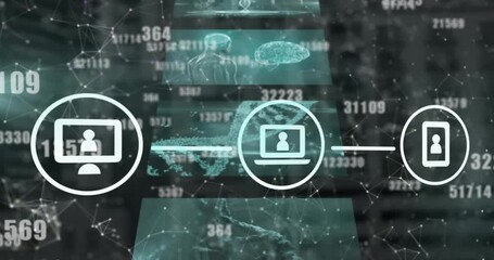 Animation of network of digital icons and changing numbers over screens with data processing - Powered by Adobe
