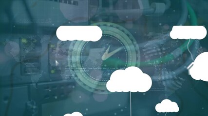 Animation of application icons hanging to clouds and maps, globe over ethernet cables in server room - Powered by Adobe