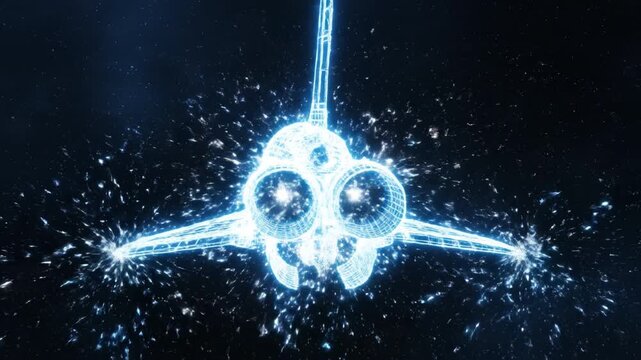 Futuristic wireframe spacecraft rear view with glowing engine nozzles and particle sparks blue neon grid structure dark space dynamic technology scene evoking speed and energy futuristic wireframe