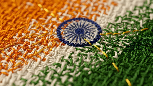 Close up of Indian Tiranga Flag with Woven Texture and Embroidered Ashoka Chakra