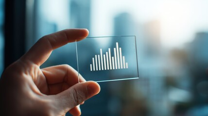 business plan orecast implementation. A hand holds a transparent panel displaying a digital graph against a cityscape background.