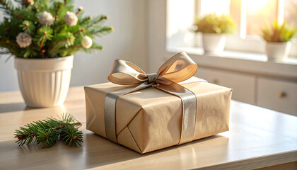 Cozy Holiday Gift Box with Ribbon and Evergreen Decor in Warm Sunlight on Wooden Table