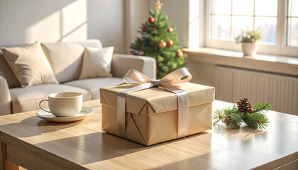 Christmas Gift Box on Coffee Table in Cozy Living Room with Festive Tree and Sunlight
