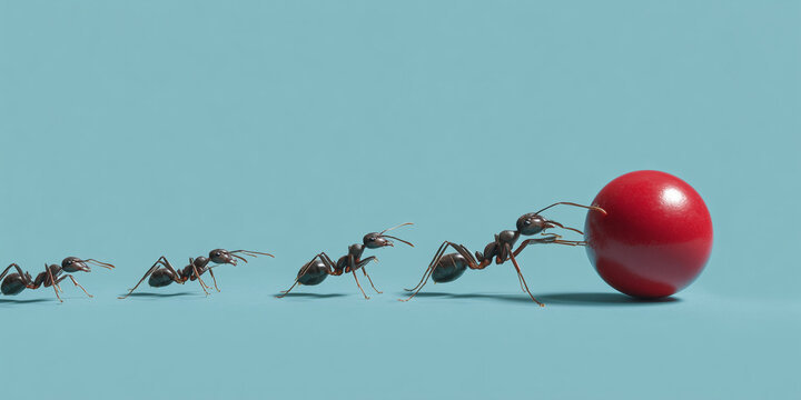 A collective of ants working together to push a vibrant red sphere. The ants show teamwork and a collective effort.