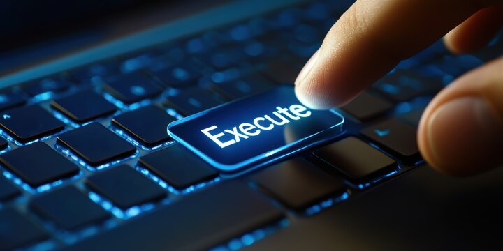 business plan orecast implementation. A finger pressing an "Execute" key on a backlit keyboard.