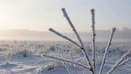 Frosty branches in snowy field at dawn