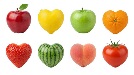 Fototapeta premium Heart shaped fruit set including apple, lemon, orange, strawberry, watermelon, peach, and tomato isolated. Valentines day and healthy food concept.