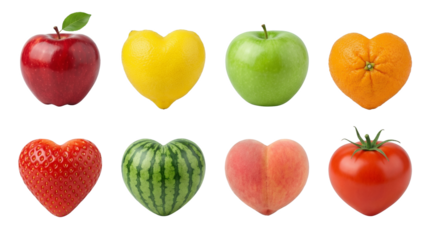 Heart shaped fruit set including apple, lemon, orange, strawberry, watermelon, peach, and tomato isolated. Valentines day and healthy food concept.