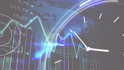 Animation of data processing and moving clock on black background - Powered by Adobe