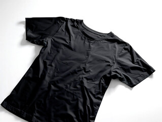 Top view flat lay of blank black t-shirt on white background. Minimalist short sleeve crew neck tee mockup isolated for apparel design and brand presentation. High quality cotton template.