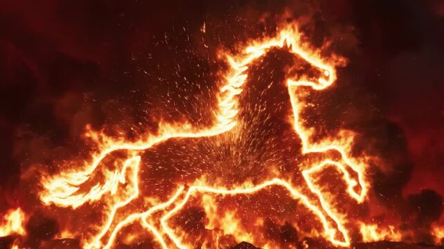 Fiery horse silhouette running with sparks and flames. Animation of a galloping stallion made of fire for Chinese Zodiac Year of the Horse. Elemental fantasy creature concept