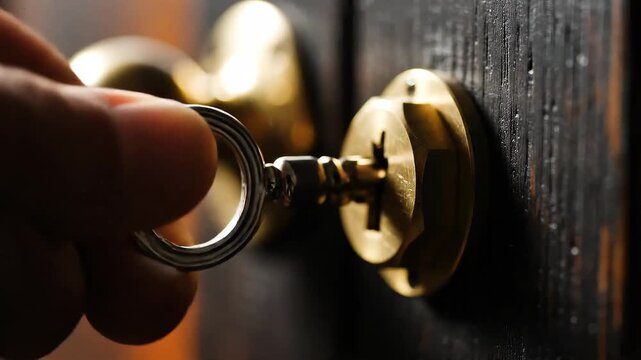 Hand inserting key into brass door lock, Key sliding into cylinder