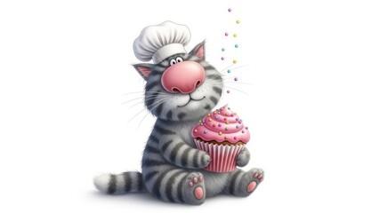 A charming gray striped cat wearing a chef's hat, holding a pink cupcake with sprinkles. AI generated.