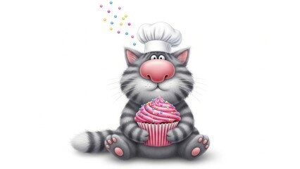 A charming gray striped cat wearing a chef's hat, holding a pink cupcake with sprinkles. AI generated.