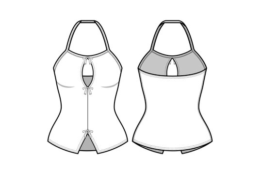Women's Slim Fit, Backless, Keyhole Neckline, Coquette Style Halter Top-Technical Fashion Illustration- Front and Back View- Black and White Color- Women's Halter Top CAD Vector Mockup