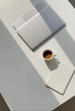 Coffee Cup and Laptop on White Desk.