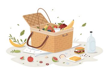 Forgotten picnic basket icon with food waste, minimal vector, white background
