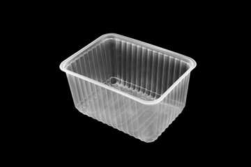 Disposable white plastic lunch box container isolated on black background. Plastic container isolated. Single-use plastic packaging