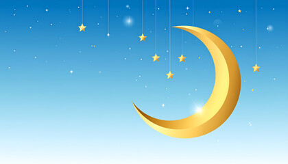 Golden Crescent Moon and Hanging Stars on Blue Sky Background. Dreamy Celestial Night Concept.