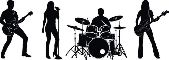 Rock band silhouette vector illustration, musicians performing with guitar drums and microphone, live music concert concept, black white performance design
