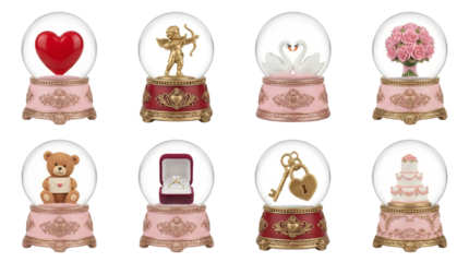 Valentine's day snow globe set including heart, cupid, swans, roses, teddy bear, ring, key, and cake variants isolated. Romantic gift and anniversary collection.